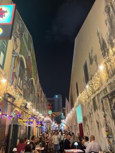 Rue animée de Haji Lane à Singapour un soir, avec guirlandes lumineuses, fresques murales colorées et terrasses de restaurants bondées.